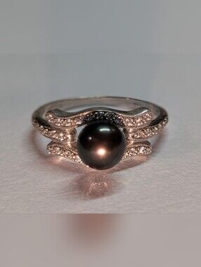 Sterling Silver Black Pearl and Pavé Diamond Accent Ring